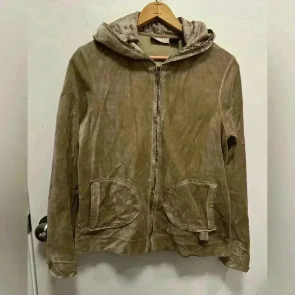 Onque Casuals Tops - Onque Casuals women’s zip up hooded velvet beige sweatshirt vintage size small